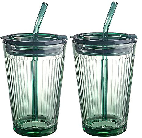 LOVWISH Glass Tumbler with Straw and Lid,Green Glasses Water Cup with Straw for Adults,Colored Glass Drinking Jars for Juice Beverages Iced Coffee Tea Smoothie Soda Milk,15 oz,Set of 2,Dishwasher Safe