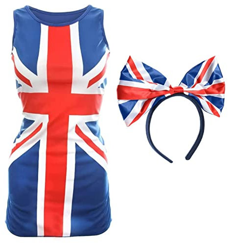 Vestido de Reino Unido y diadema de lazo para mujer, talla S, vestido azul con diseño de bandera de Reino Unido y lazo de Reino Unido en una diadema, disfraz de fiesta de la calle King's Coronation