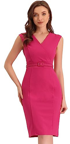 Allegra K Vestido de Oficina de Trabajo para Mujer, sin Mangas, Cuello en V, con cinturón, Vestidos de lápiz Fucsia S