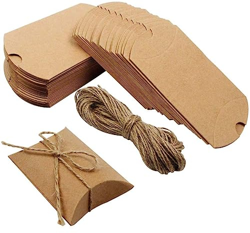 XPEX Lot de 50 Boîtes-Cadeaux en Papier Kraft Vintage - Boîtes d'Oreiller Avec Ficelle Pour Chocolats, Noix, Sucre, Biscuits et Petites Faveurs