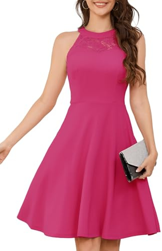Bbonlinedress Robe Femme Chic et Elegant Robe de Soirée Courte Lingne A Halter Vintage pour Fête Bal Guinguette Anniversaire Mariage invité Rose XL