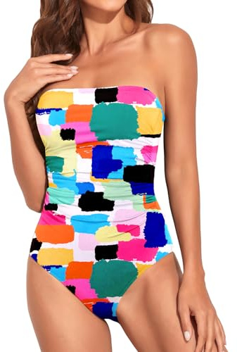 Holipick Women Tummy Control One Piece Swimsuits Swimming Costume Strapless Bandeau Bathing Suits Slimming Halter Swimwear, Color Block, Large