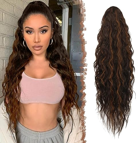 FESHFEN Lange Zopf Pferdeschwanz Haarextension mit kordelzug Lang Wellig Lockig Dunkelbraun und helles Rotbraun Synthetik Haarverlängerung Natürliches Clip in Haarteil Ponytail Kunsthaar Haarzopf