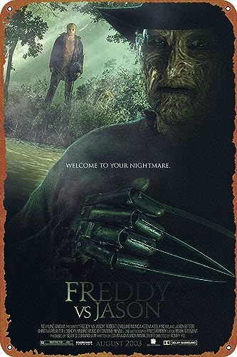 Freddy vs. Jason Poster, Retro, Vintage, lustiges Metall-Blechschild, Outdoor-Küchendekoration, Bar, Pub, Club, Café, Zuhause, Innenbereich, Wanddekoration, Kunstschild, Geschenk für Männer, 20,3 x