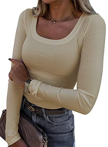 Smile Fish Womens Long Sleeve Scoop Neck Ribbed Knit Fitted Casual Tops Tee Slim Basic Shirts, Beige L