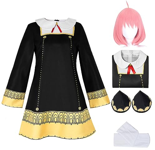 Antsparty Anya Cosplay Kostüm Anya Outfits mit Perücke Kopfbedeckung Socken, Halloween Karneval Fasching Party Anya Kostüm für Damen Mädchen