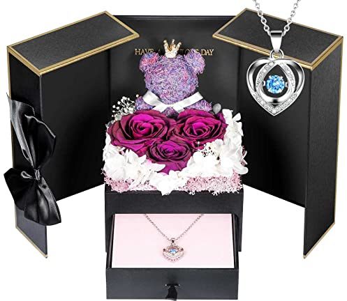 ADDWel Regalo Mamma Compleanno, Fiori di Rosa Eterni con Collana e Orsacchiotto Rosa per Lei, Regalo di Compleanno per Le Donne Regalo di San Valentino per la Fidanzata