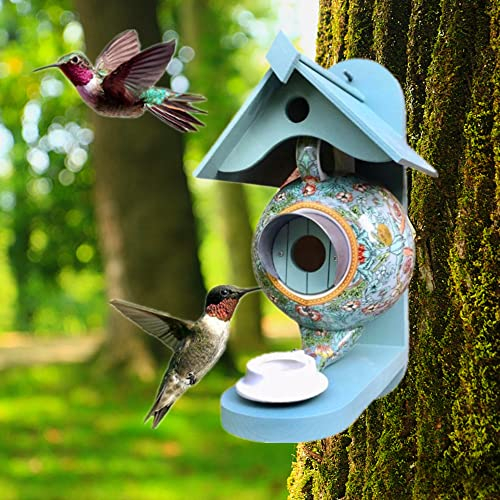 Cassetta Nido per Uccelli Verde - Teiera Ceramica Mangiatoia + Casetta Legno/Ferro Battuto - Giardino Decorativo e Divertimento Animali