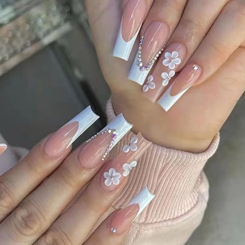 Caiguoer Lot de 24 faux ongles carrés longs à presser pour femmes et filles (D)