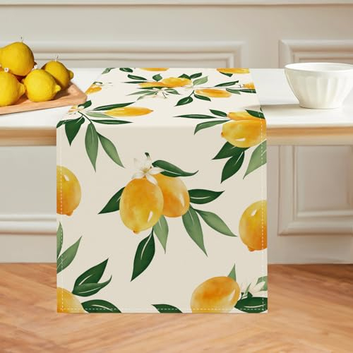 Bonhause Tischläufer Zitronen Tischläufer Sommer Gelbe Obst Grüne Blätter Küche Esstisch Dekoration für Drinnen Draußen Urlaub Party Waschbar Wohnkultur Tafeltuch (33 x 183 cm)