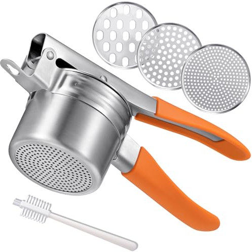 Potato Ricer, AMOHEE 15oz/425g Large Stainless Steel Potato Masher Upgrade Heavy Duty Design With Anti-Slip Handle Ricer for Mashed Potatoes & Food Press for Fruits, Carrots, Yams (Orange)