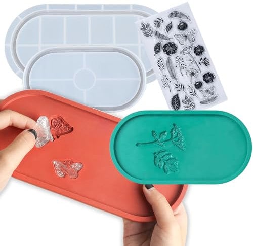 Oval Resin Tray Mold DIY Coaster Epoxy Resin Molds 2 Sizes Handmade Storage Tray Silicone Mould Butterfly Carved Jewelry Plate Dishes Crafts Concrete Cement Plaster Jesmonite Moulds with Clear Stamps