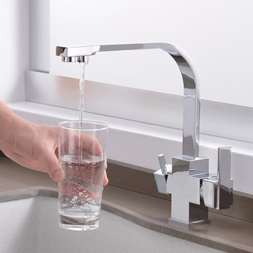 Grifos Cocina Fregadero 3 Vias para Osmosis Purificador de Agua de Latón Fríoy Caliente Fregadero para Beber Directo Grifo Purificador de Agua de Tres Vías Silver