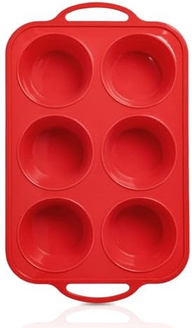 Foepoge Muffinform Silikon Groß mit Metallrahmen für 6 Muffins, Antihaft Muffin Backform Silikon 6er, BPA-Freie Muffinblech Muffinformen, Muffinbackformen für Cupcakes, Pudding, Brownies, Rot