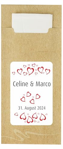 Herz & Heim® Bestecktaschen mit Servietten zur Hochzeit (10 Stück) personalisiert (Herzen)