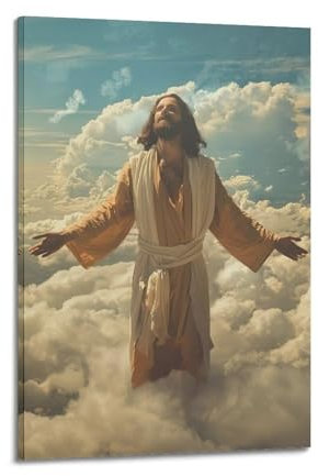 Christliches, religiöses Poster mit Jesus Christus mit offenen Armen über Wolken, Poster, dekoratives Gemälde, Leinwand, Wandposter und Kunstdruck, moderne Familienschlafzimmer-Dekor-Poster, 50 x 75