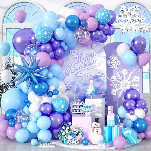 Paready Frozen Balloon Arch, 120 Pcs Snowflake Balloon Garland, Metallic Retro Purple White Blue Clear Snow Blue Star Foil Balloons for Princess Birthday Snow Frozen Winter Christmas Party Decoration