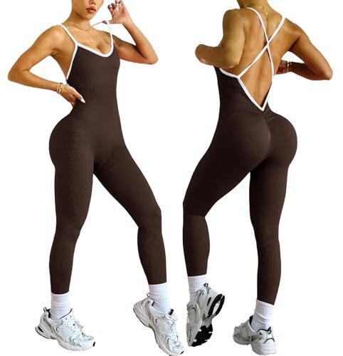 XDSP Damen Sport Jumpsuit Eng Yoga Rückenfreie Padded Overall Bodysuit Hohe Taille Ärmellos Sportkleidung Scrunch Butt Elegant Ganzkörperanzug Sexy Stretch Yoga Slim Fit Einteiler Romper