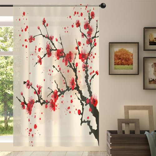 Mexpekil Voilage semi-transparent à motif floral de cerisier japonais pour salon, chambre à coucher, cuisine, 140 cm de large, 1 panneau, rouge