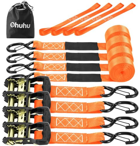 Ohuhu Spanngurte mit Ratsche 4 Stück für Schwerlast, 4 cm x 4,6 m bis 1500 Kg reißfest, Ratschengurte zur Ladungssicherung mit 4 Doppelschlaufen Zurrgurte & Tragetasche für Motorrad, ATV, orange