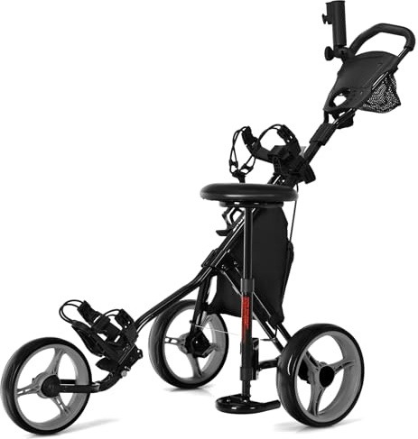 GOPLUS Golf Trolley, Golftrolley 3 Rad mit Verstellbarer Griff, Sitz & Fußbremse, Golfwagen klappbar mit Schirm- und Getränkehalter & wasserdichter Tasche, Golfcaddy Golf Push Cart