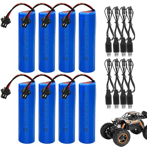 Mineup 3.7V RC Akku, 8 Stück 3.7 Volt Akku 18650 Li-ion, 1200mah Li-Ion Battery mit 2 SM-2P-Steckern, Li ion Power Ersatz, Wiederaufladbare Batterie für RC Fahrzeuge, Boote