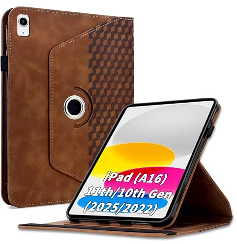 Vkooer 360 Drehbar Hülle Kompatibel mit iPad (A16) 11th/10th Generation (2025/2022),90 Grad Drehbar Ständer Hülle, Auto Schlaf/Aufwach Schutzhülle für iPad 11th 11 inch (2025) Tablet,Braun
