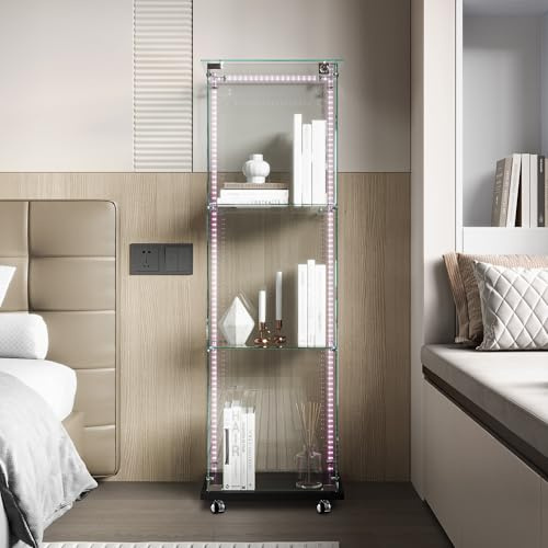 Vitrine aus Glas mit LED, Vitrine aus Glas mit 1 Türen 3 Einlegeböden Vitrine mit Schloss Vitrine für Sammler Vitrine Wohnzimmer Modern für Bar (Schwarz, Lichtstreifen + Räder)
