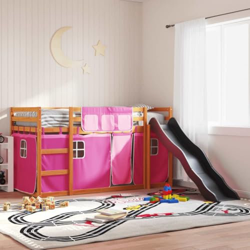 GCHDHAPB Beds & Accessories,Beds & Bed Frames-Bunk Bed without Mattress with Slide and Curtains Pink 90x200 cm