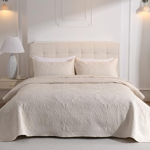 DUJUIKE Tagesdecke Bettüberwurf 170x210cm, Blattschutzdecke Schlafzimmerdecke, Mit 2 Kissenbezügen 50x75cm, Doppelseitiges Design Multifunktionale Steppdecke Als Sofadecke Tagesdecke (Creme)