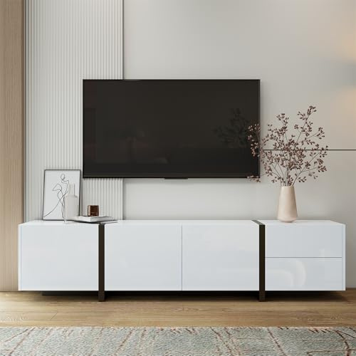 Merax TV Stand Cabinet, white high-gloss TV Unit Storage Cabinet with Doors and Drawer, flip-down door design, black contrasting table legs,170 x 29.5 x 40 cm
