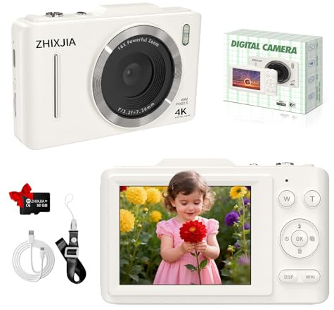 Digital Camera, 1080P FHD 4K 48MP Autofocus Compact Digital Camera with 2.8 LCD Screen, 16X Digital Zoom Digital Cameras with 32GB Card, Vlogging Camera for Kids Beginners Teens Students, White