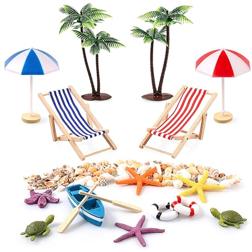 Strand Mikrolandschaft, 18 Stück Miniatur, Mini liegestuhl Sonnenschirm Palme,Schildkröte und Meer, Muscheln Deko,für DIY, Garten, Urlaub Geschenk