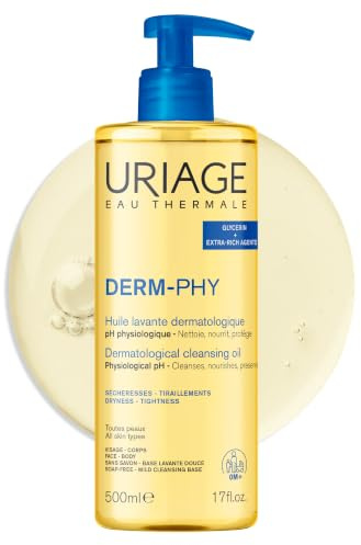 Uriage DERM-PHY Duschöl Seifenfrei mit Glycerin 25% - Reinigtsanft & spendet Feuchtigkeit - für die ganze Familie - Gesicht & Körper - Seifenfrei, Physiologischer pH-Wert, empfindliche Haut - 500mL