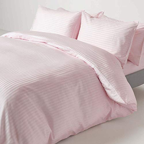 HOMESCAPES Dusky Pink Pure Egyptian Cotton Duvet Cover Set Single 330 TC 500 Thread Count Equivalent Satin Stripe Quilt Cover Pillowcase Included Bedding Set