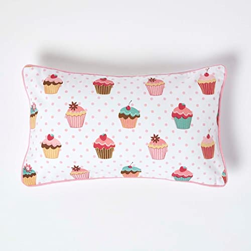 Homescapes Kissenbezug mit Cupcakes-Muster, dekorative Kissenhülle 30 x 50 cm für Zierkissen und Kinderkissen aus 100% Baumwolle mit Reißverschluss, rosa, Muffin-Aufdruck