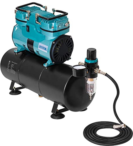 Professional Cool Running Master Airbrush 1/4 hp Twin Cylinder Piston Air Compressor with Extra Large Storage Tank - Model TC-96T High Airflow Performance 40 Ltrs/Minute - Hose, Regulator Water Trap