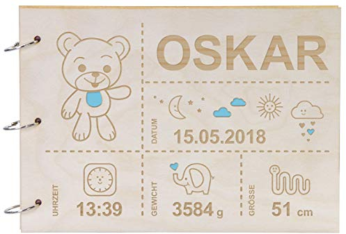 LAUBLUST Fotoalbum Baby personalisiert mit Gravur - Gästebuch für Babyparty aus Holz - Teddybär Motiv | natur, A4 Format - Erinnerungsbuch zum Selbstge | Geschenk zur Geburt & Taufe