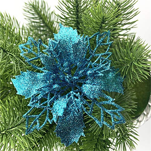 GLITZFAS 12 Stück Glitter Weihnachtsbaum Dekoration, Weihnachtsbaumschmuck Ornament Weihnachten Blumen Dekor, Christbaumanhänger (Blau,16 cm)