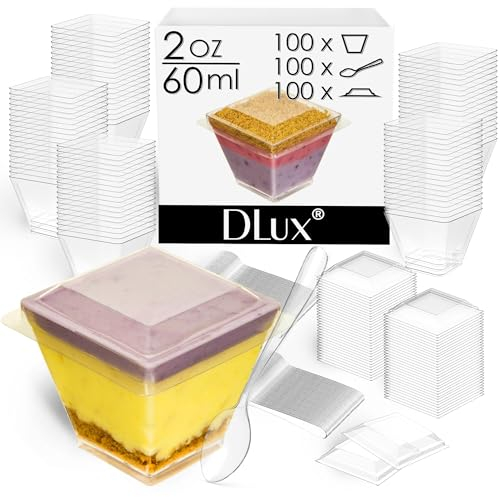 DLux 100 x 2 oz Mini Dessert Cups with Spoons and Lids, Square Short - Clear Plastic Parfait Appetizer Cup - Small re-usable Serving Bowl for Party Desserts Appetizers - with Recipe Ebook