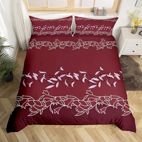 Loussiesd Wine Red Comforter Cover King Size Embroidered Floral Bedding Set Jacquard Decorative 3 Pieces European Duvet Cover Set Women Bedspread Cover with 2 Pillowcase Microfiber Zipper