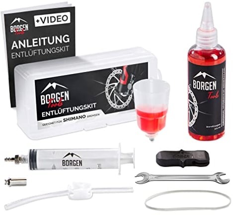 Borgen Entlüftungsset für Shimano Scheibenbremsen - Entlüftungskit mit Anleitung für Deore, Dura Ace, Saint, XT uvm. inkl. Mineralöl für Shimano hydraulische Scheibenbremsen