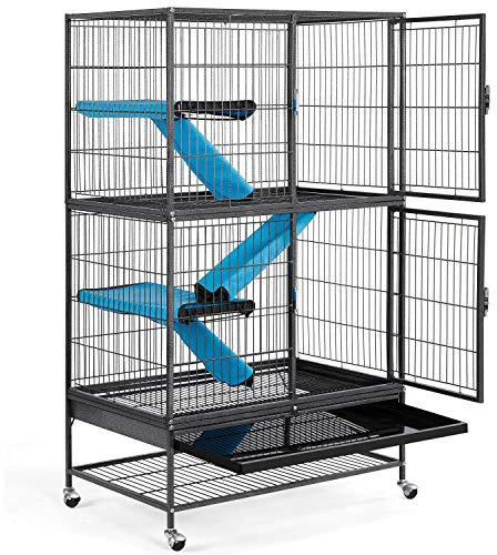 Yaheetech 2-Story Small Animal Cage with Rolling Stand, Removable Platform & Ramp - 137cm Metal Habitat for Ferrets, Chinchillas, Rabbits, Hedgehogs, Black