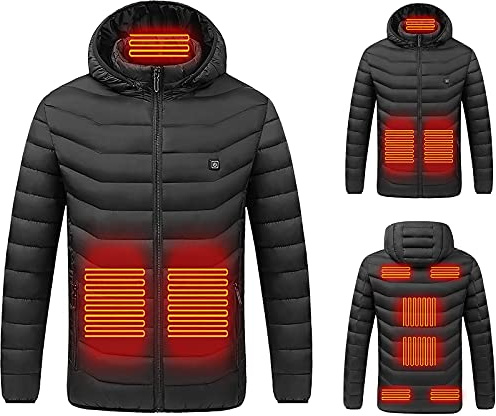Susenstone Veste Chauffante électrique Homme et Femme Chauffant USB Vêtements Hiver Chaud Léger Manteau Doudoune Capuche avec 3 Niveaux de Chauffage,Interface USB, 9 Zone - le Noir, XL