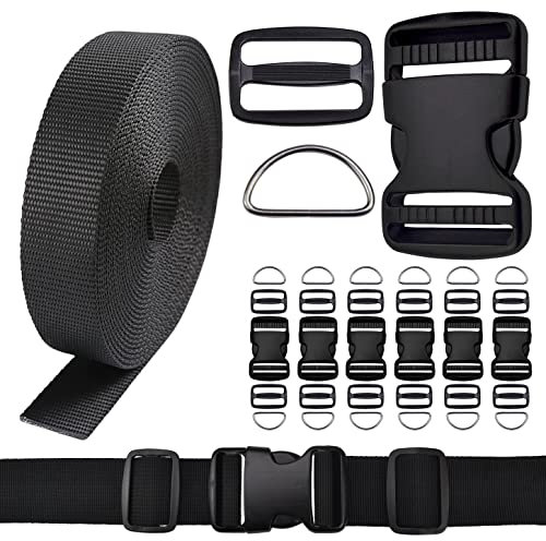 CooBigo 6 Meter Nylon-Gurtband, 6 Stück, Schnellverschluss-Schnalle, Kunststoffschnalle, 12 Stück Tri-Glide-Clip-D-Ringe, 1,9 cm (3/4 Zoll) Set, Full Size