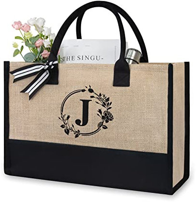 TOPDesign Sac fourre-tout en toile de jute/sac cadeau personnalisé, adapté pour un mariage, un anniversaire, la plage, les vacances, les amis, les demoiselles d'honneur (lettre J)