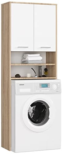 AKORD | Armadio Pensile per Lavatrice | Armadio di trasformazione con 2 ante, 2 Ripiani Aperti | Archivio per bagno | Cassettiera per lavatrice | 64x180x30 cm | Peso 30 kg | Rovere Sonoma/Bianco