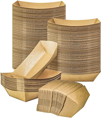 MotBach 100 Pack 2lb Kraft Paper Food Trays, Waterproof Heavy-Duty Paper Food Boats Disposable Serving Baskets Trays for Fries Sandwiches Burgers Hot Dogs Taco BBQ Popcorn Picnic Wedding Party (Brown)