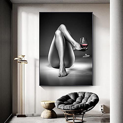 DUDLOO Nackte Frau Weinglas Gemälde Schwarz Weiß Sexy Mädchen Leinwand Poster und Drucke Nordische Bilder für Wohnzimmer Wohnkultur 60x90cm rahmenlos