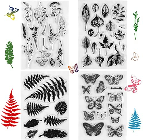 Silikonstempel Clear Stamp Set Stempel Silikon Clear Stempel Tiere Blumen Blätter Stempelset für DIY Dekoration Bullet Journal Scrapbooking Geburtstag Fotoalbum (4 Stück)